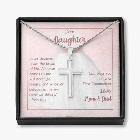 Personalized Cross Necklace For Daughter's First Communion From Mom and Dad On Message Card