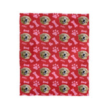 custom blanket with dog's photo and name with red background