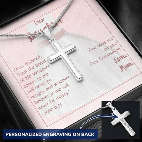 Personalized Cross Necklace for Daughter's First Communion From Mom On Message Card