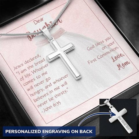 Personalized Cross Necklace for Daughter's First Communion From Mom On Message Card