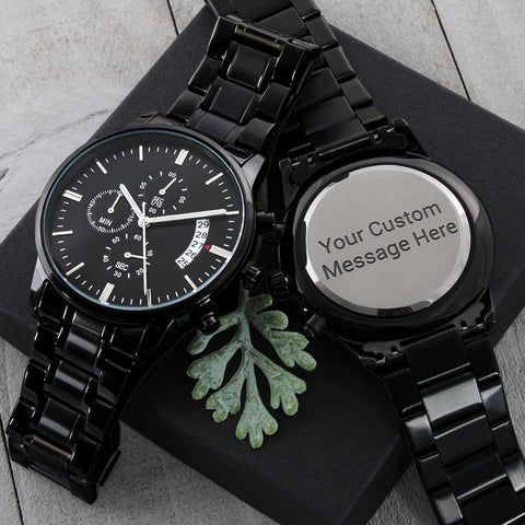 Rugged Stainless Steel Custom Engraved Black Watch For Men