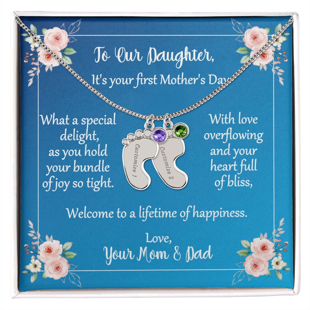 To Daughter On First Mother's Day Personalized Baby Foot Necklace Love Mom and Dad