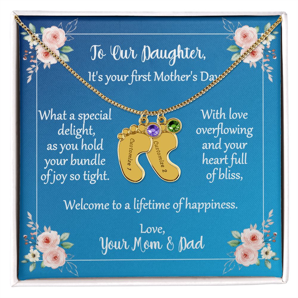 To Daughter On First Mother's Day Personalized Baby Foot Necklace Love Mom and Dad