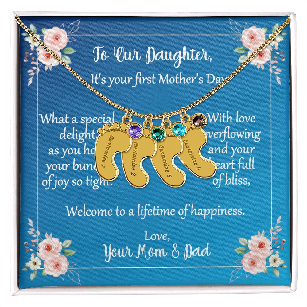 To Daughter On First Mother's Day Personalized Baby Foot Necklace Love Mom and Dad