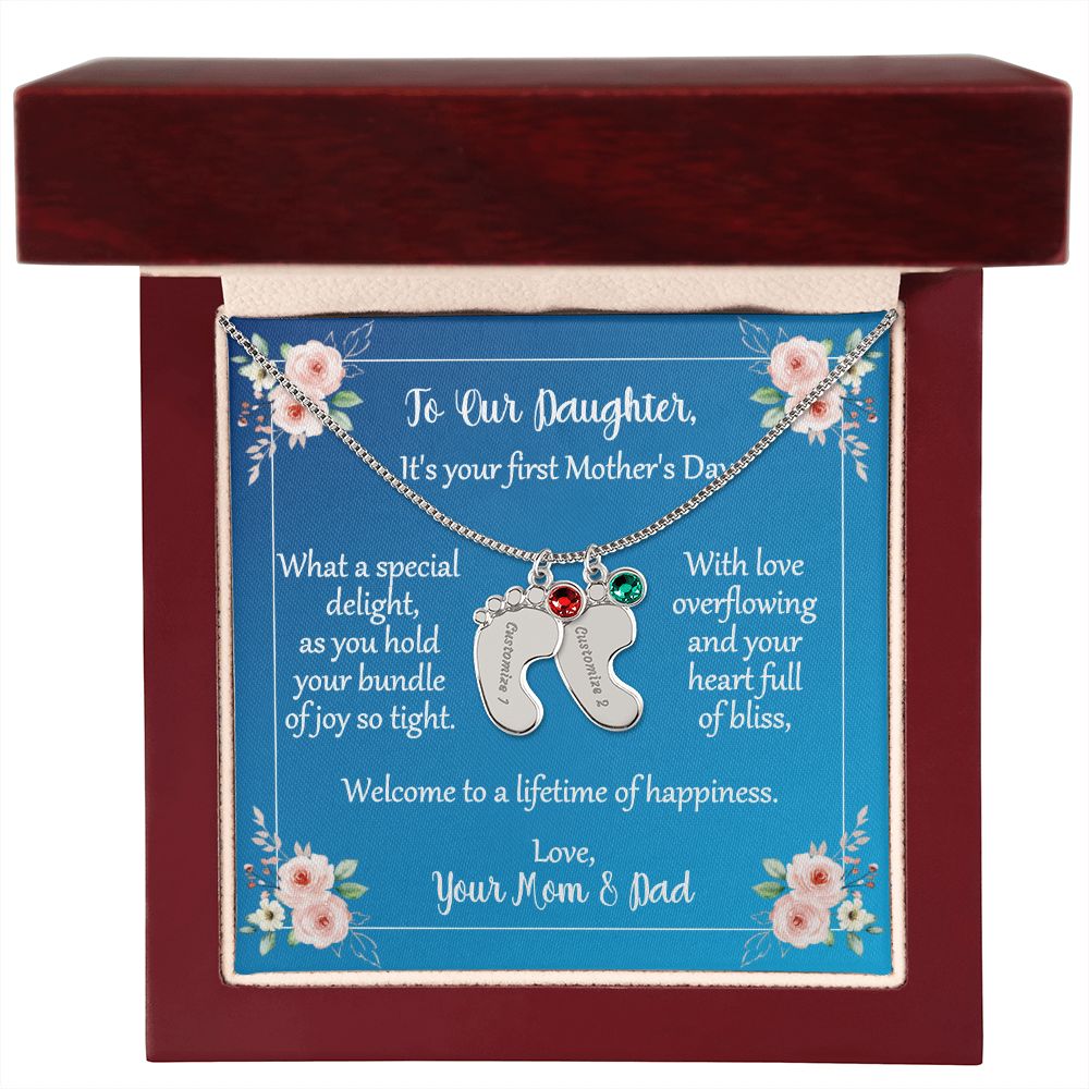 To Daughter On First Mother's Day Personalized Baby Foot Necklace Love Mom and Dad