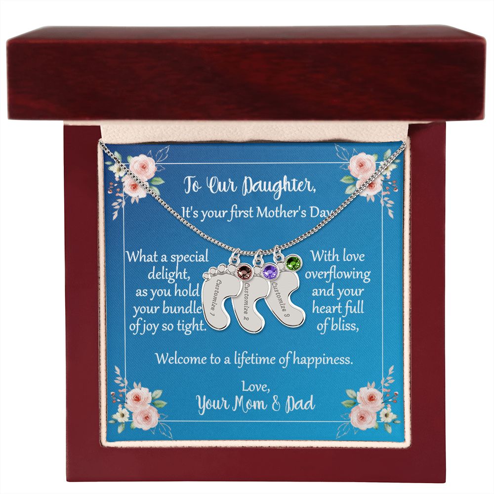 To Daughter On First Mother's Day Personalized Baby Foot Necklace Love Mom and Dad