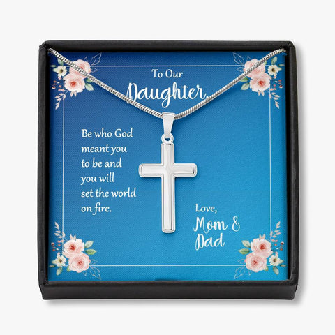Daughter Be Who God Meant You To Be Cross Necklace Love Mom and Dad Message Card