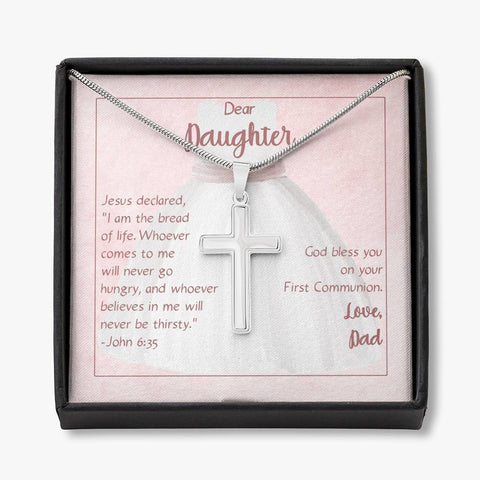 Personalized Cross Necklace For Daughter's First Communion From Dad On Message Card