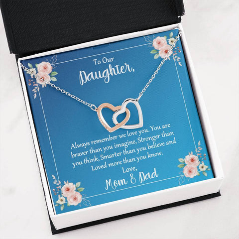 To Our Daughter Joined Hearts Necklace Mom and Dad Message Card Stronger Than You Think